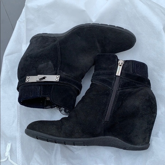 Aquatalia Black Suede Covered Wedge Booties size 7 - Picture 2 of 5